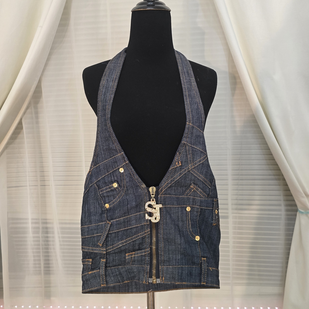 Denim Vest Halter Top with Zipper